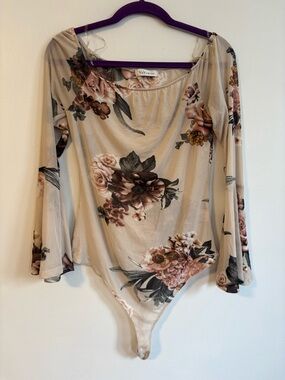 Yaya & Co Floral Neutral Rose Long Sleeve Sheer Thong Bodysuit Size Large